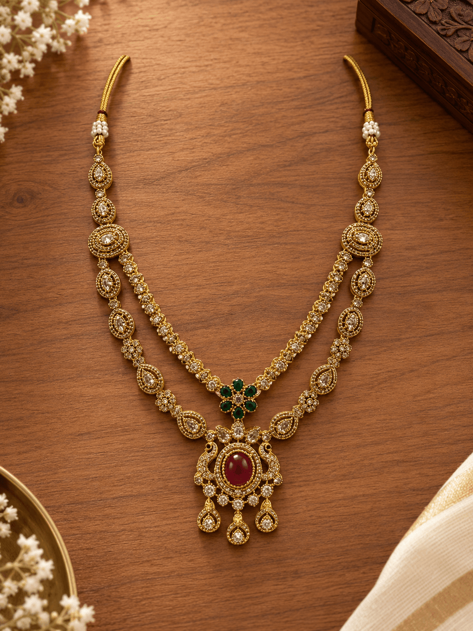 Bhavmayi Royal Ruby Green Stone Necklace Set with Matching Earrings - bhavmayi