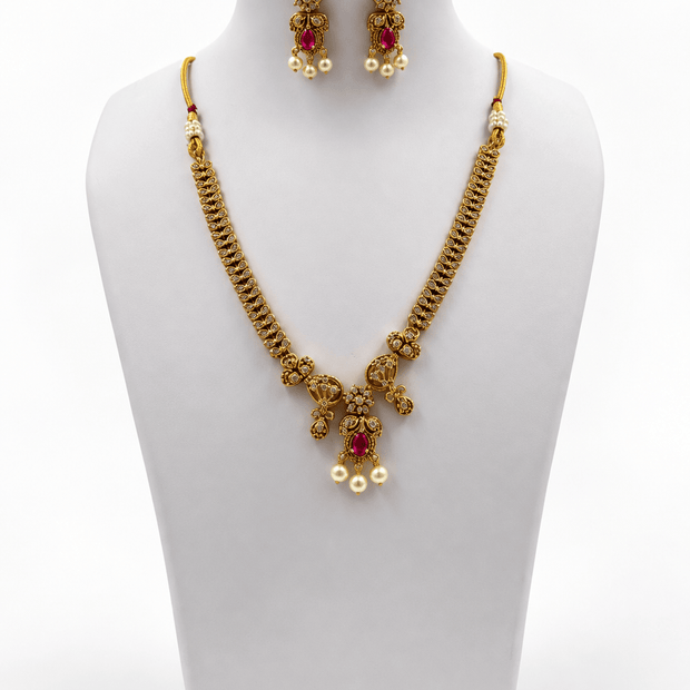 Bhavmayi Ruby Green Stone Pearl Drop Necklace Set - bhavmayi