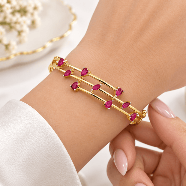Bhavmayi Ruby Marquise Stone Multi-Rail Gold-Tone Bangle - bhavmayi