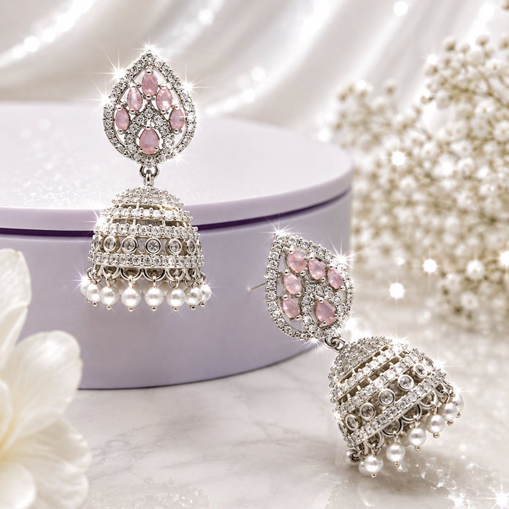 Bhavmayi Silver-Plated Pink Stone Pearl Jhumka Earrings - bhavmayi