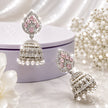 Bhavmayi Silver-Plated Pink Stone Pearl Jhumka Earrings - bhavmayi