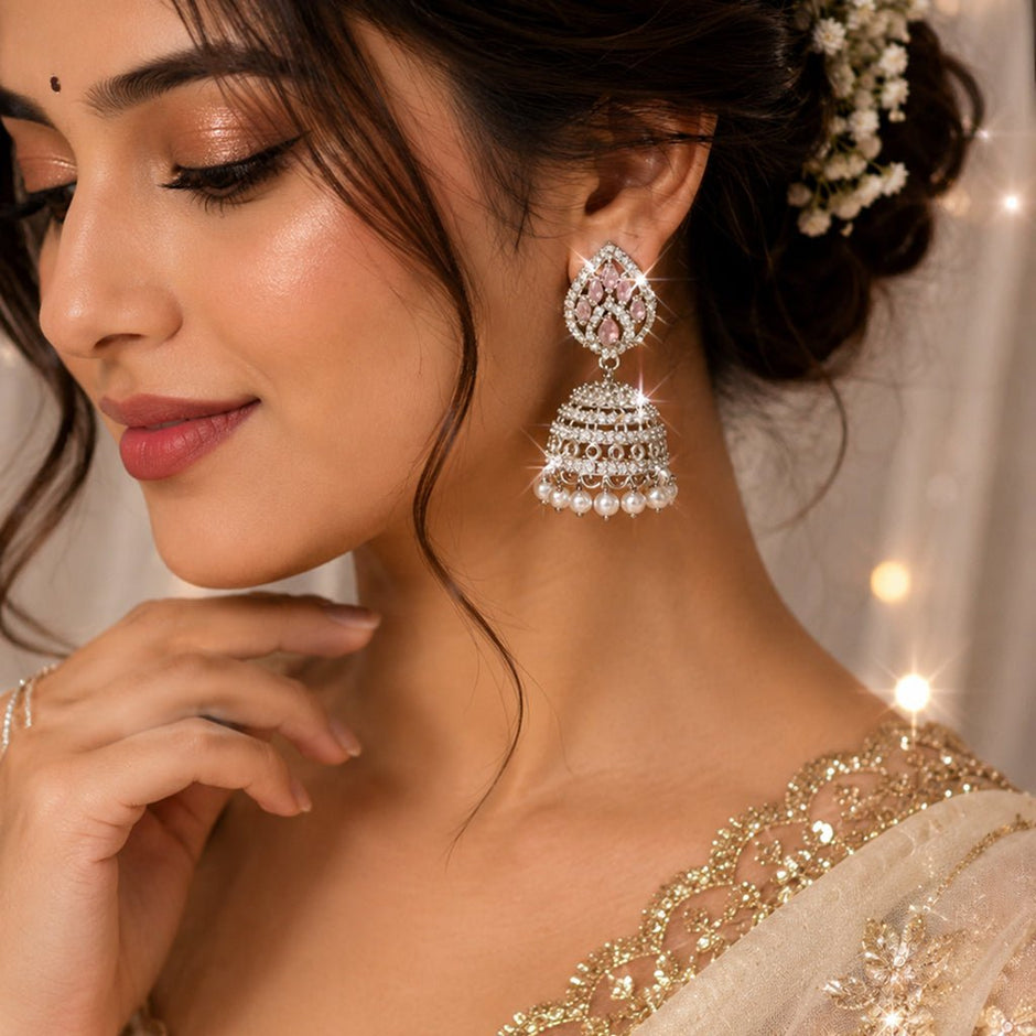 Bhavmayi Silver-Plated Pink Stone Pearl Jhumka Earrings - bhavmayi