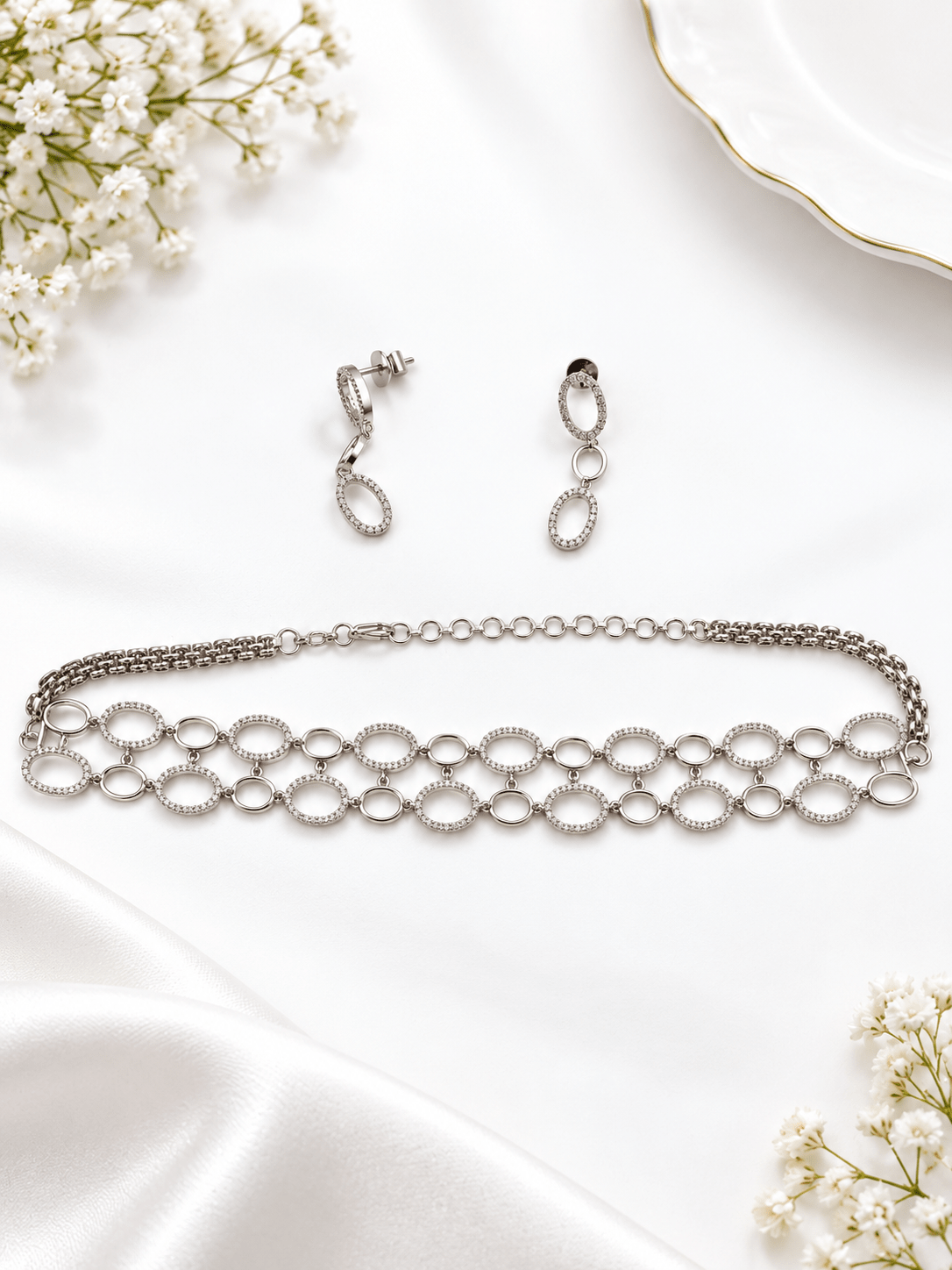 Bhavmayi Silver-Tone Crystal Link Necklace & Earrings Set - bhavmayi