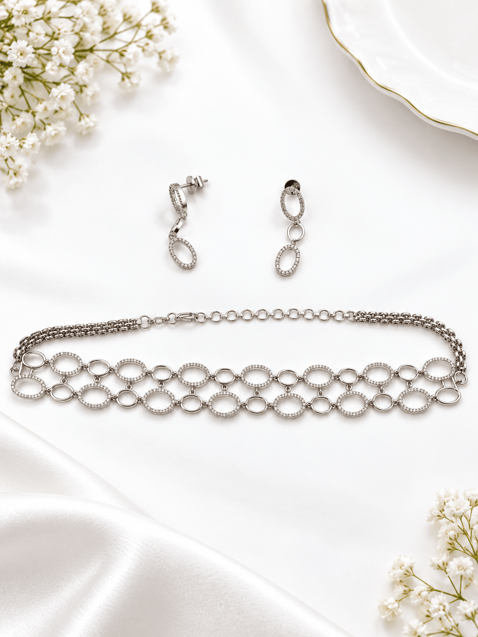 Bhavmayi Silver-Tone Crystal Link Necklace & Earrings Set - bhavmayi