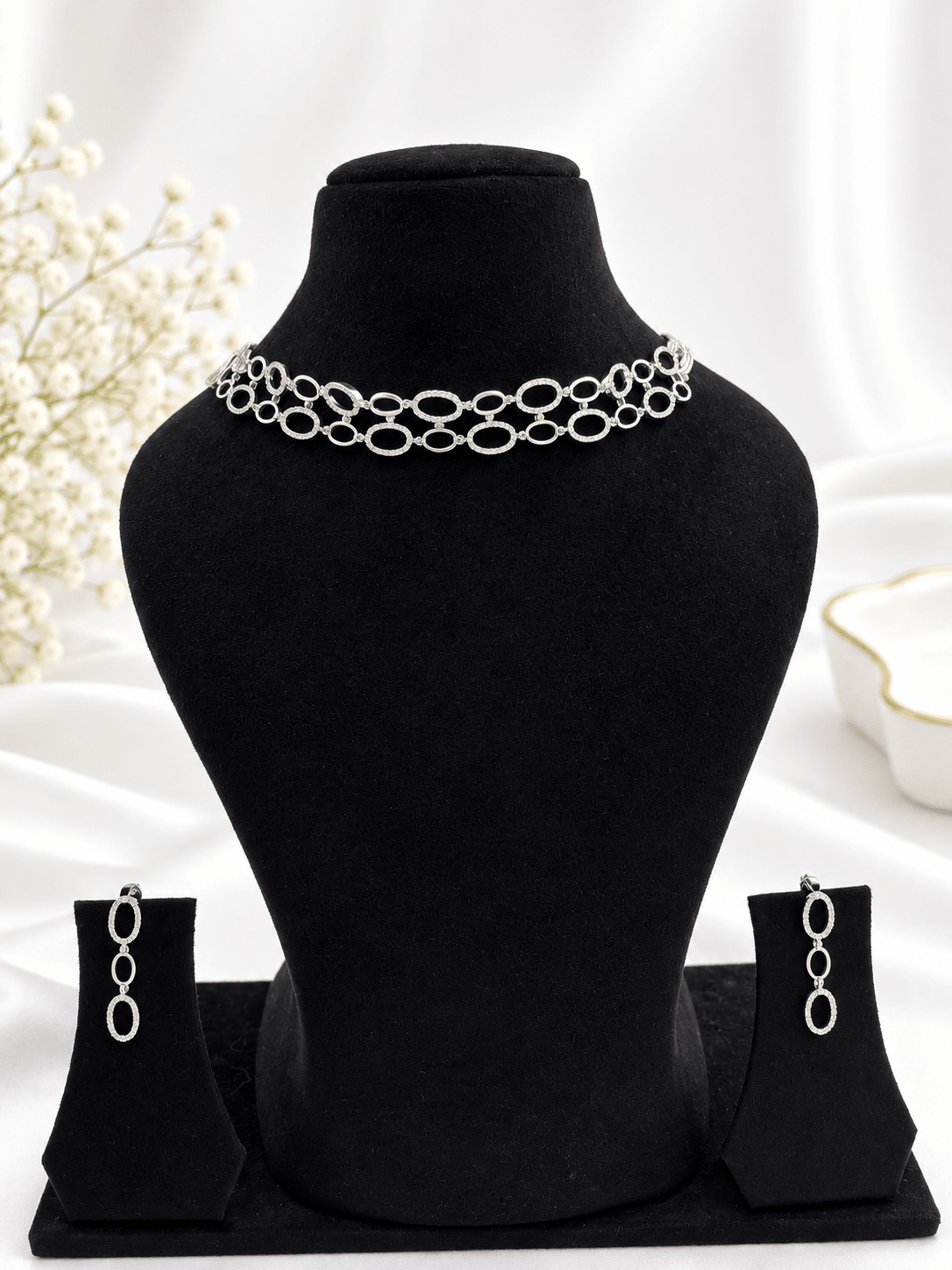 Bhavmayi Silver-Tone Crystal Link Necklace & Earrings Set - bhavmayi