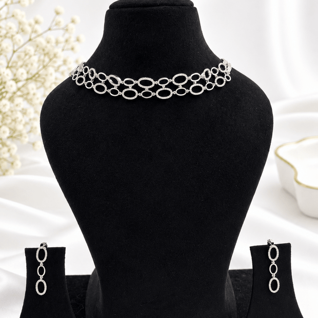 Bhavmayi Silver-Tone Crystal Link Necklace & Earrings Set - bhavmayi