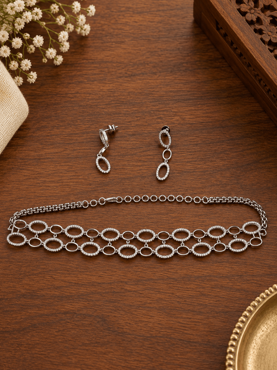 Bhavmayi Silver-Tone Crystal Link Necklace & Earrings Set - bhavmayi