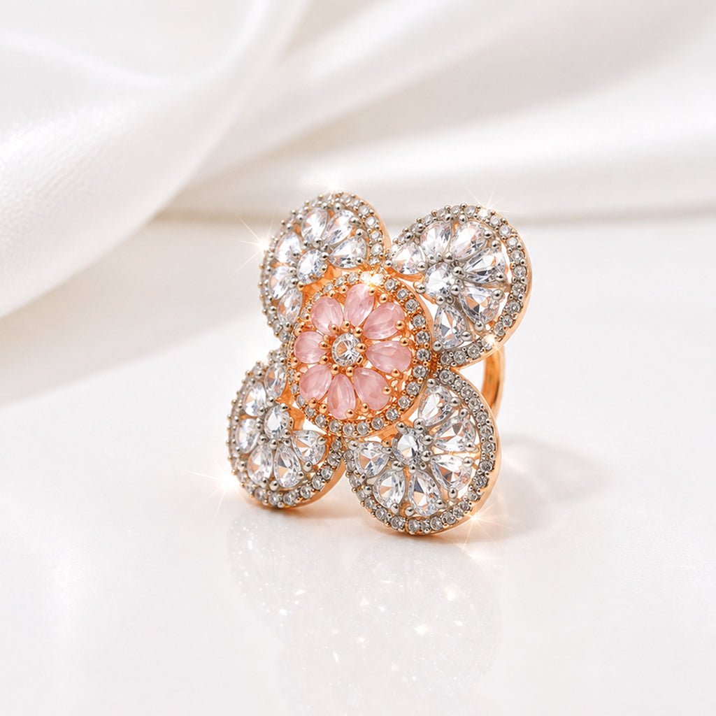 Bhavmayi Silver-Tone Pink Floral Crystal Ring - bhavmayi