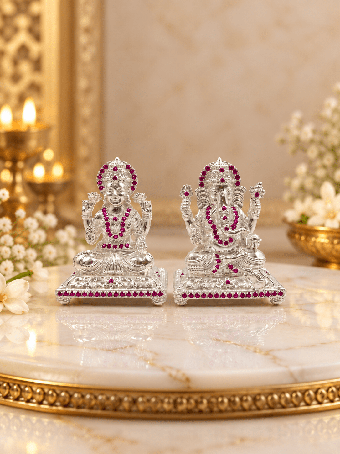 Silver-Tone Temple Motif Jewellery Pair | Bhavmayi