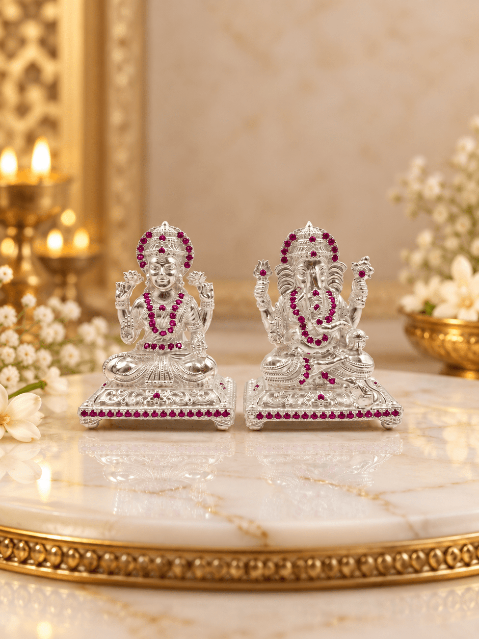 Silver-Tone Temple Motif Jewellery Pair | Bhavmayi