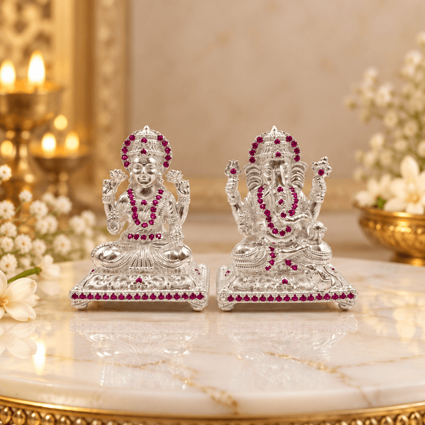 Silver-Tone Temple Motif Jewellery Pair | Bhavmayi