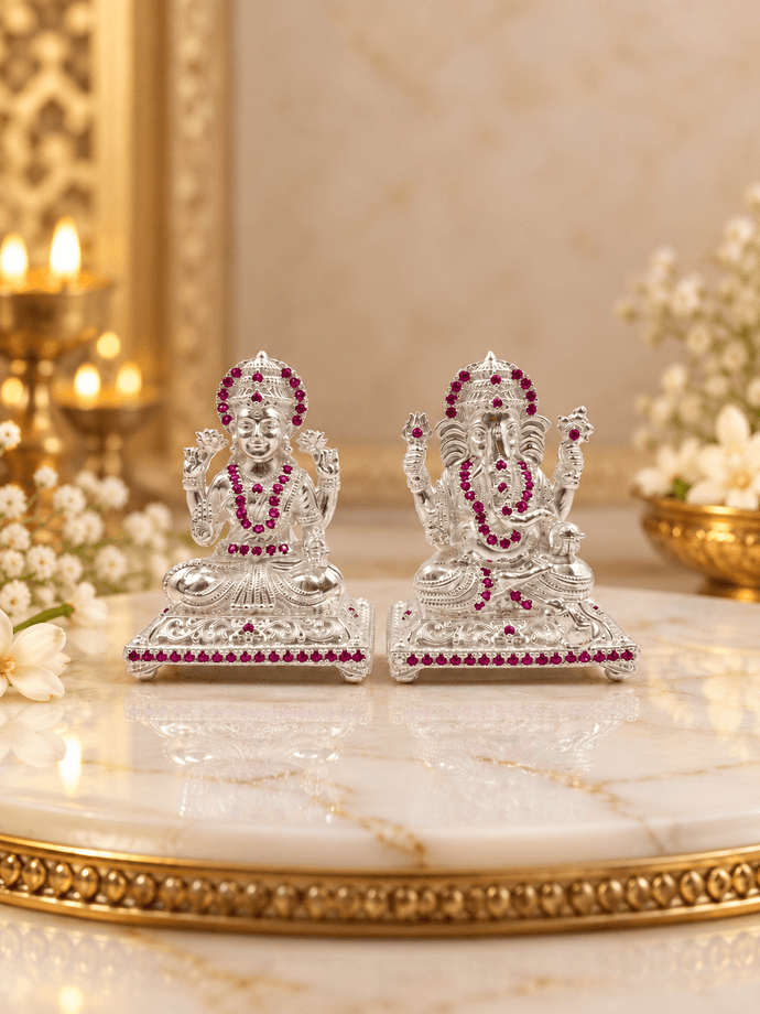 Silver-Tone Temple Motif Jewellery Pair | Bhavmayi