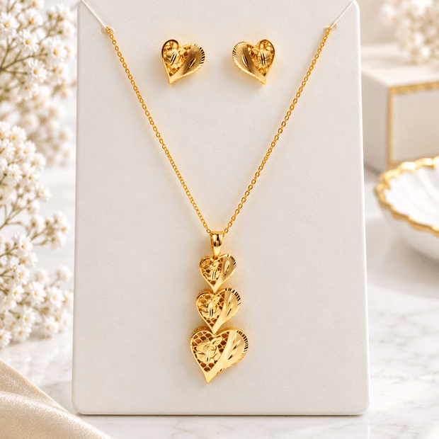 Bhavmayi Triple Heart Pendant Necklace & Stud Earrings Set - bhavmayi