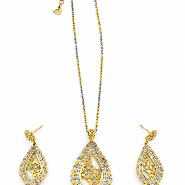 Bhavmayi Two-Tone Leaf Motif Teardrop Necklace & Earrings Set - bhavmayi
