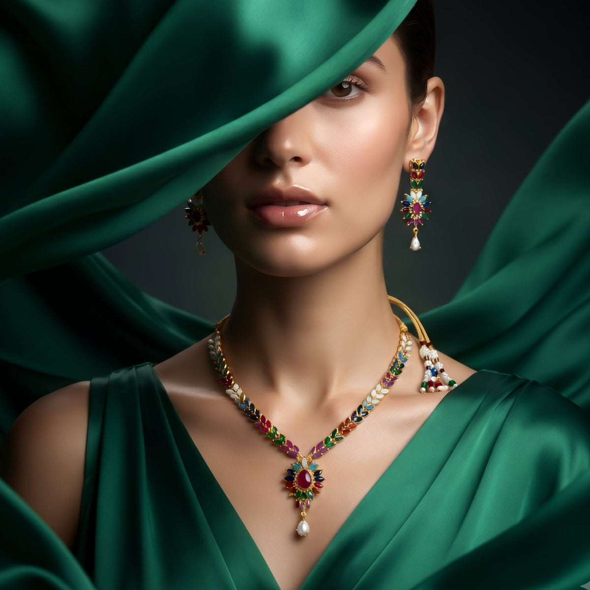 Bhavmayi Vibrant Marquise Navratna Stone and Teardrop Pearl Style Multi-Color Heritage Necklace Set with Earrings - bhavmayi