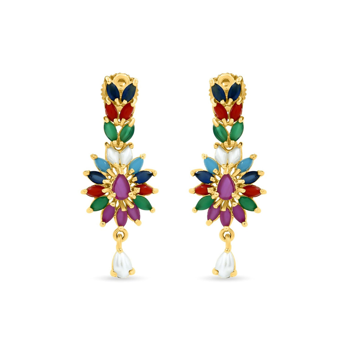 Bhavmayi Vibrant Marquise Navratna Stone and Teardrop Pearl Style Multi-Color Heritage Necklace Set with Earrings - bhavmayi