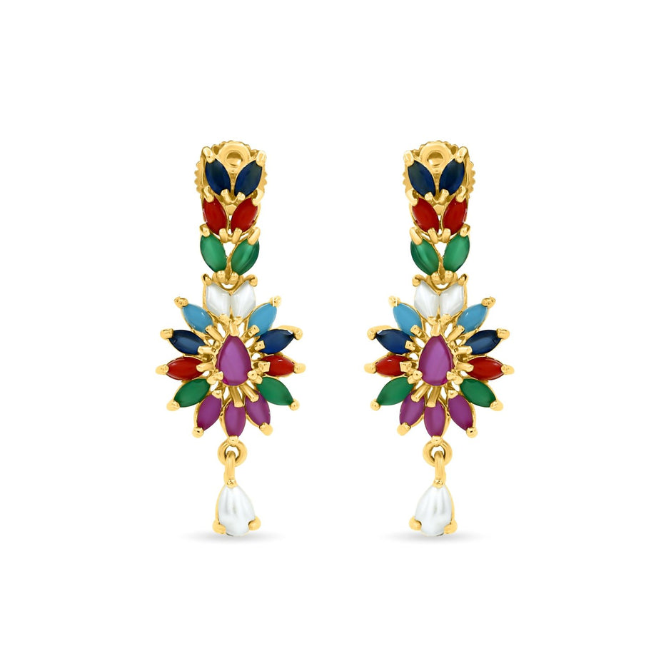 Bhavmayi Vibrant Marquise Navratna Stone and Teardrop Pearl Style Multi-Color Heritage Necklace Set with Earrings - bhavmayi