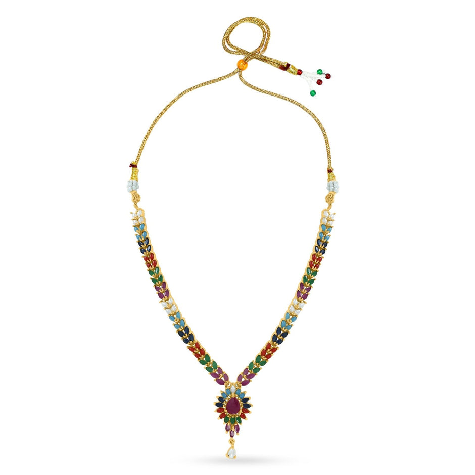 Bhavmayi Vibrant Marquise Navratna Stone and Teardrop Pearl Style Multi-Color Heritage Necklace Set with Earrings - bhavmayi