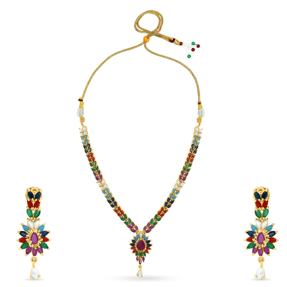 Bhavmayi Vibrant Marquise Navratna Stone and Teardrop Pearl Style Multi-Color Heritage Necklace Set with Earrings - bhavmayi