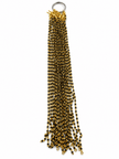 Black beaded necklace with small gold-tone connecting elements and a gold-tone clasp, displayed as an elongated chain on a white background and held in a white-gloved hand. - bhavmayi