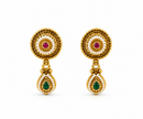 Gold-tone floral halo necklace set displayed on white jewellery stands, featuring a round pendant with green and magenta-pink accents, a decorative beaded chain, and matching earrings with green teardrop-shaped drops.