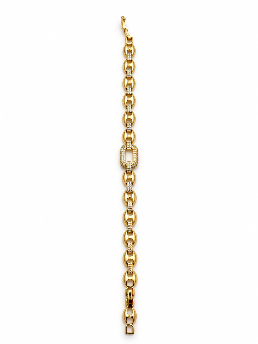 Gold-tone link bracelet with three rectangular purple, pink and green stones in square clear-stone settings, shown from the front and reverse.