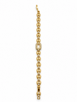Gold-tone link bracelet with three rectangular purple, pink and green stones in square clear-stone settings, shown from the front and reverse.