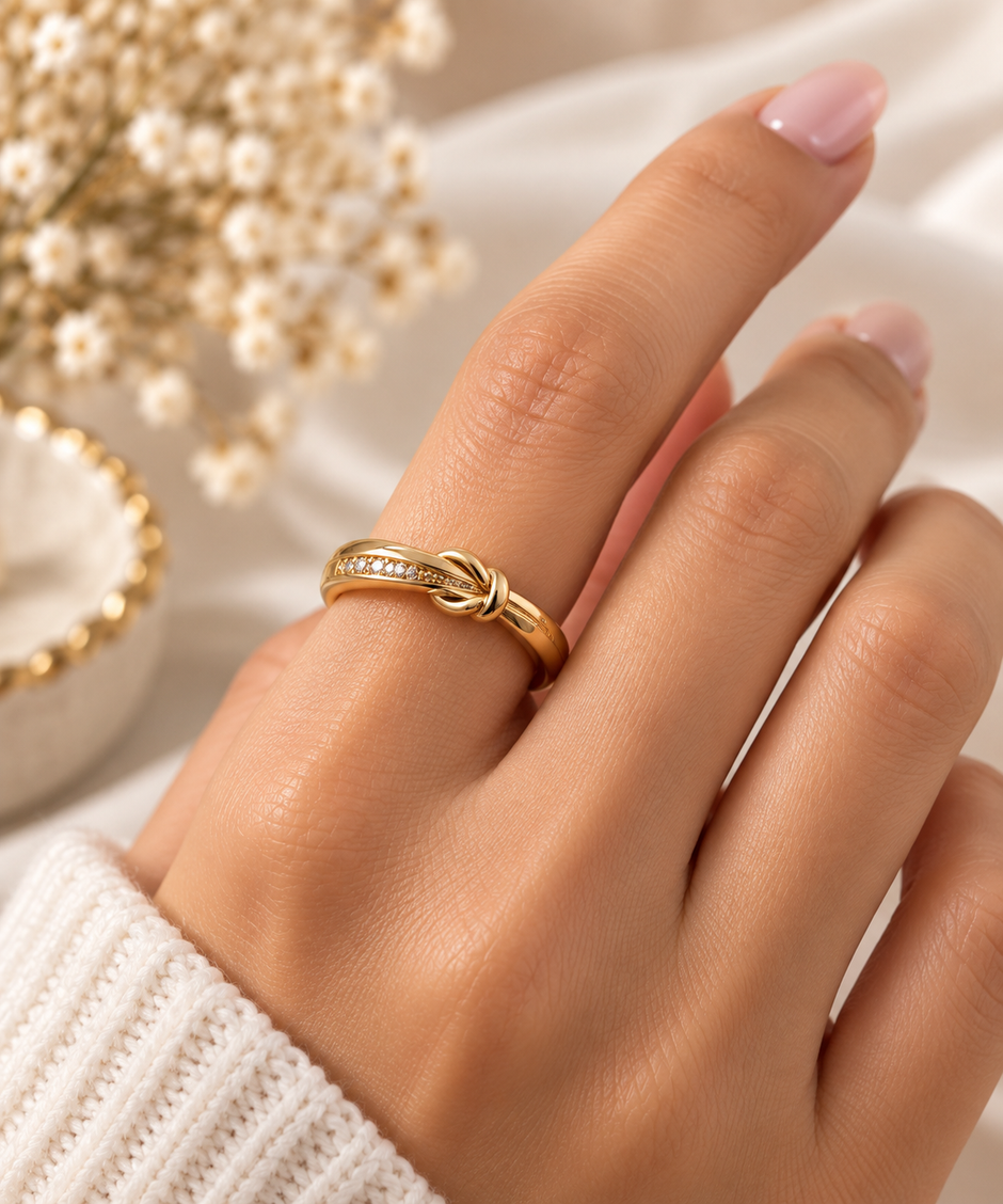 Gold-tone knot ring featuring intertwined curved loops, a row of small clear stones and dark accents, shown on a finger and from the side.