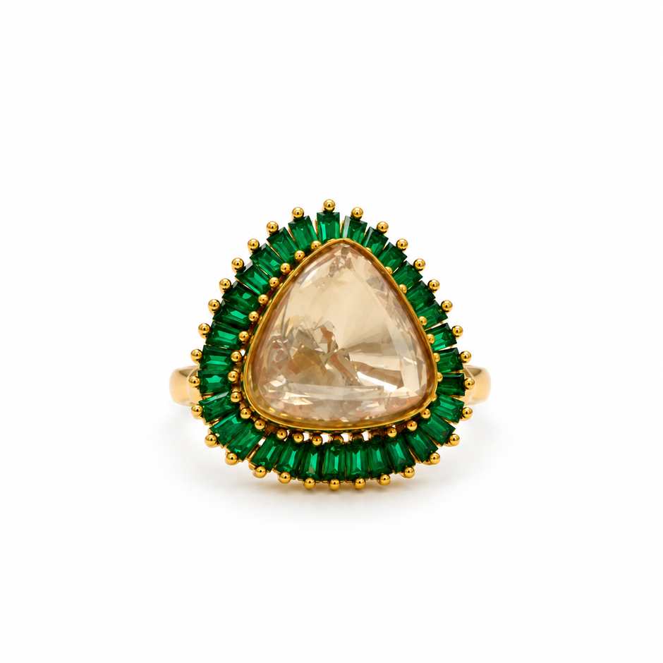 Bhavmayi gold-tone statement ring with green rectangular stones surrounding a large rounded triangular centre