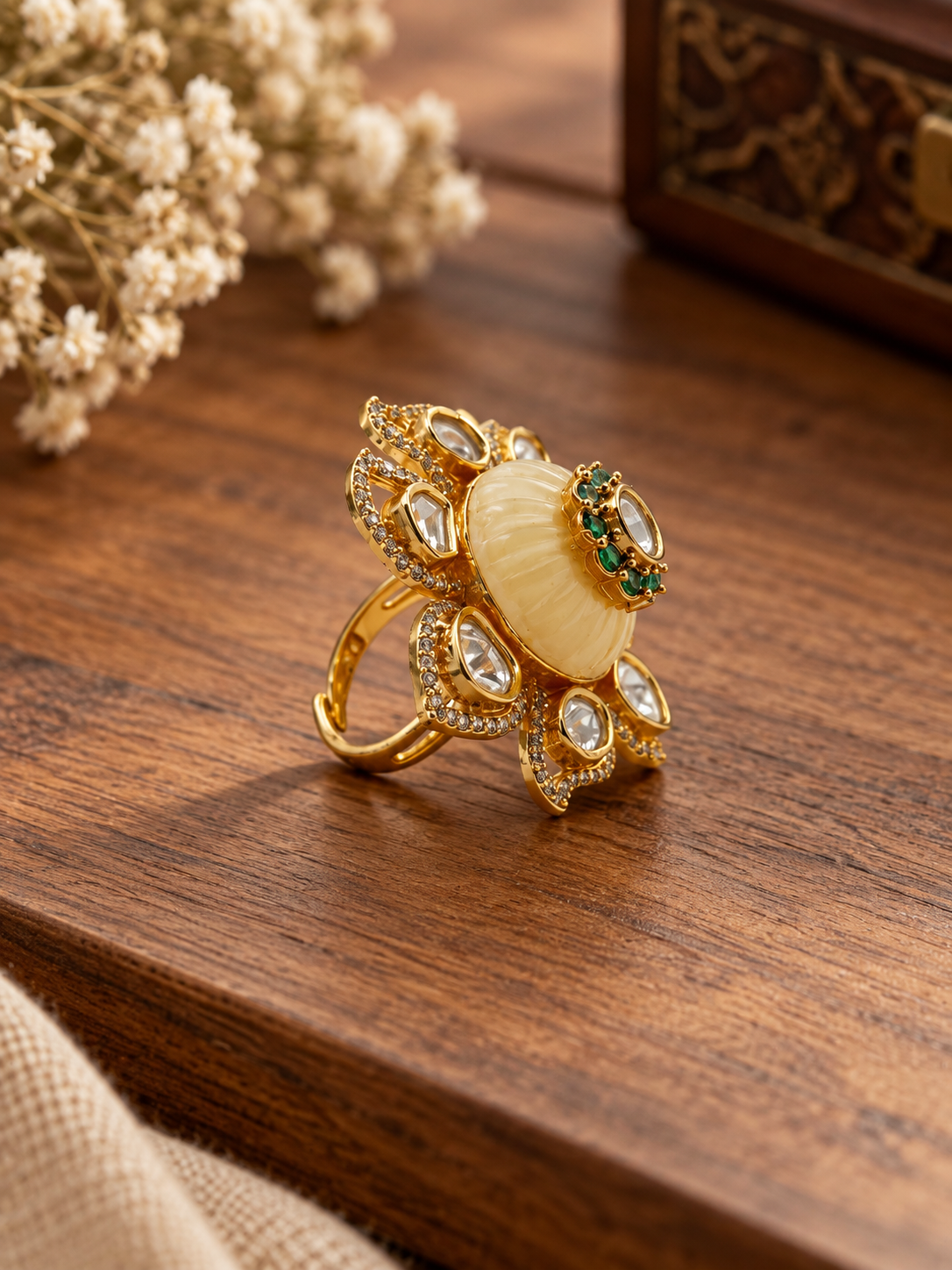 Bhavmayi Floral Green Stone Statement Ring with Clear Teardrop Accents