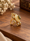 Bhavmayi Floral Green Stone Statement Ring with Clear Teardrop Accents