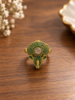 Bhavmayi green beaded statement ring with round clear centre and intricate gold-tone detailing