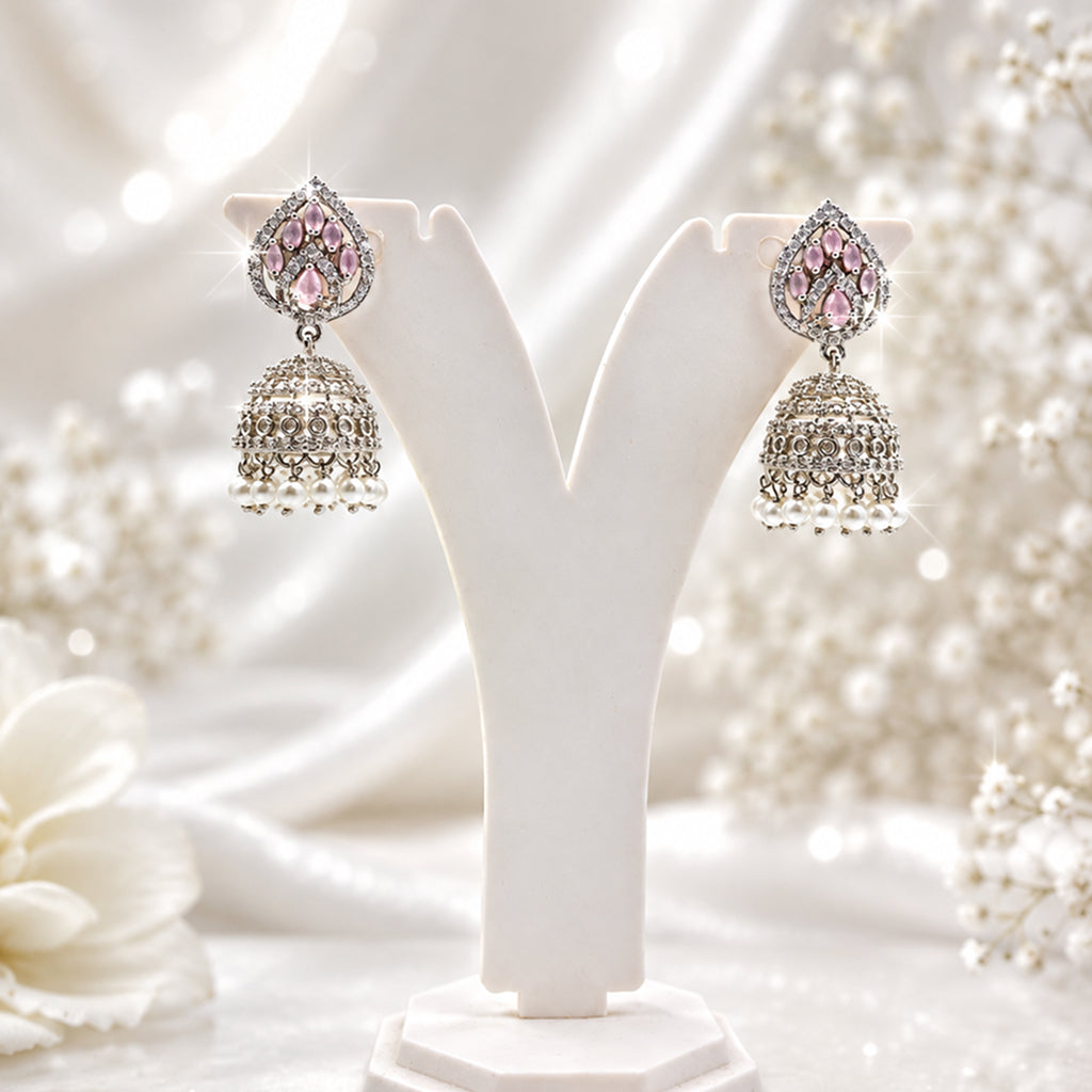 Bhavmayi Silver-Plated Pink Stone Pearl Jhumka Earrings