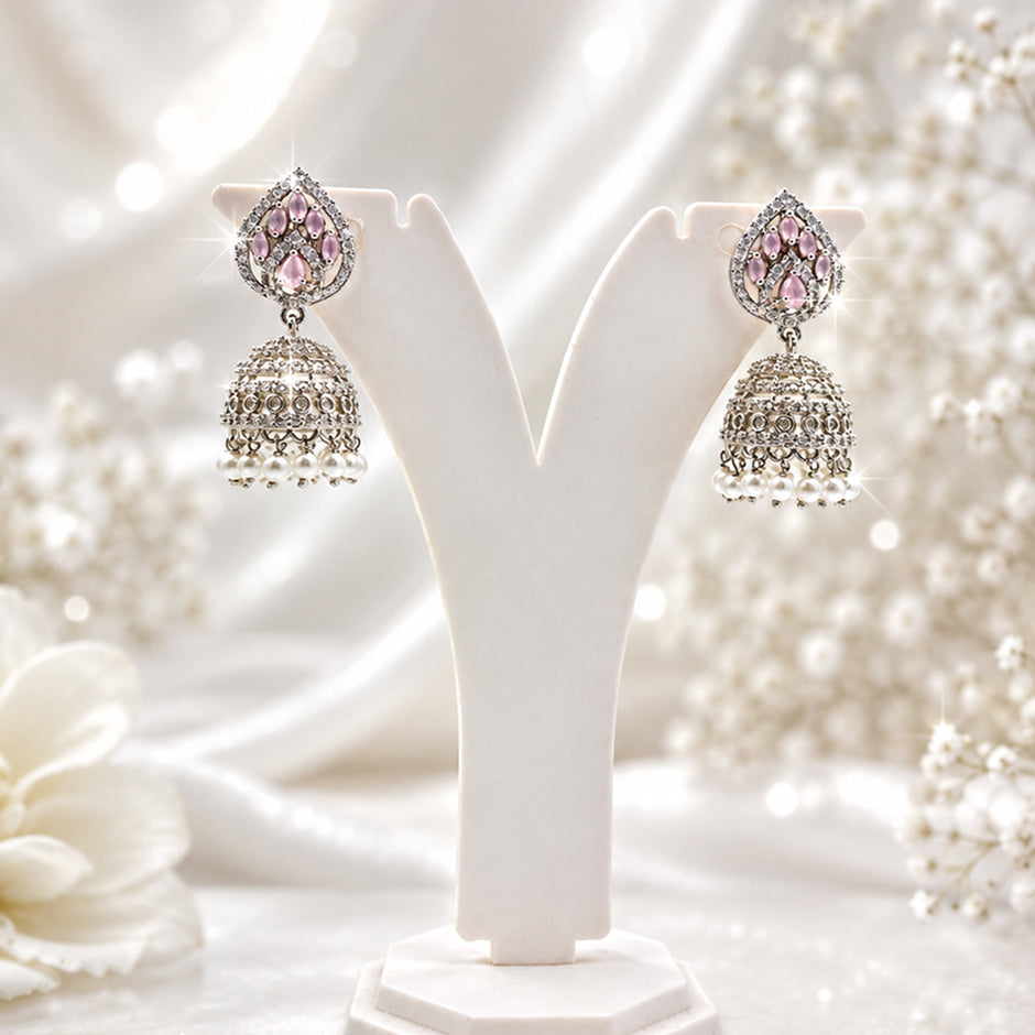 Bhavmayi Silver-Plated Pink Stone Pearl Jhumka Earrings
