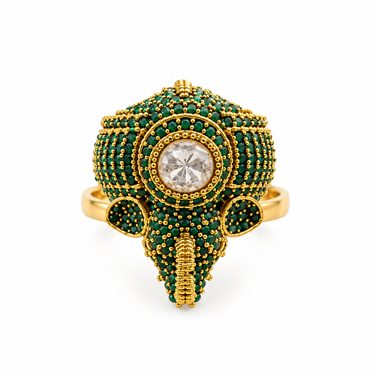 Bhavmayi green beaded statement ring with round clear centre and intricate gold-tone detailing