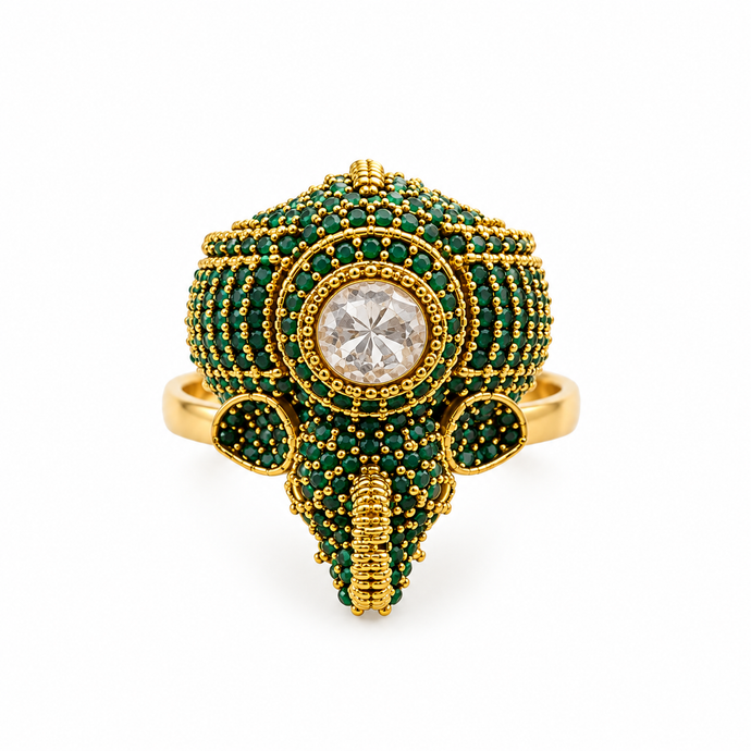 Bhavmayi green beaded statement ring with round clear centre and intricate gold-tone detailing