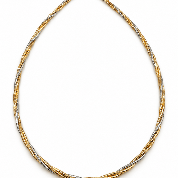 Two-tone twisted chain necklace featuring intertwined golden and silver-toned strands