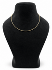 Delicate gold-tone chain necklace with closely linked textured detailing, displayed in multiple loops on a white background and worn around the neck on a black jewellery bust. - bhavmayi