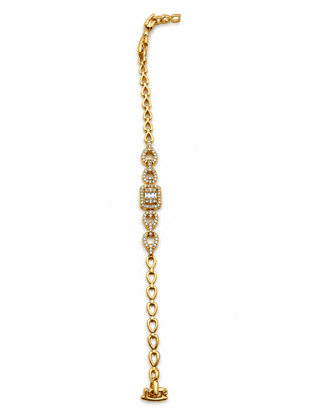 Gold-tone bracelet with three square purple, green and red decorative accents framed by clear-looking stones, double-row chain detailing and a clasp closure.