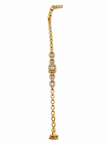 Gold-tone bracelet with three square purple, green and red decorative accents framed by clear-looking stones, double-row chain detailing and a clasp closure.