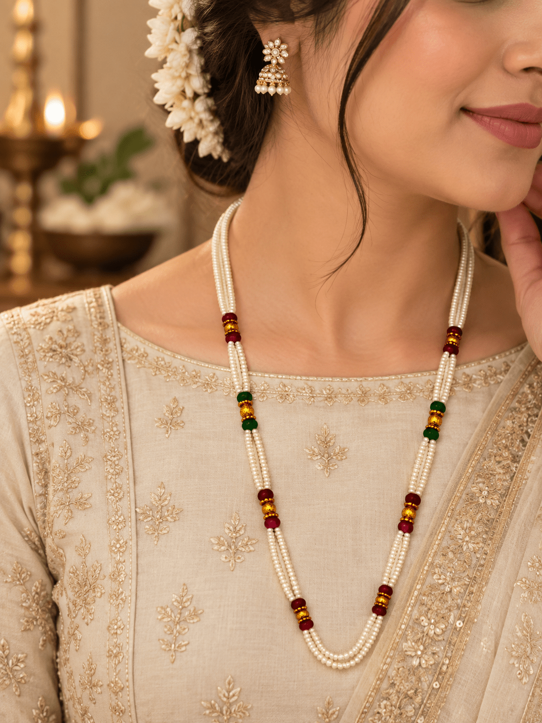 Double-strand white beaded necklace with deep red and green bead accents, decorative gold-tone elements and a gold-tone clasp displayed on a white necklace stand. - bhavmayi