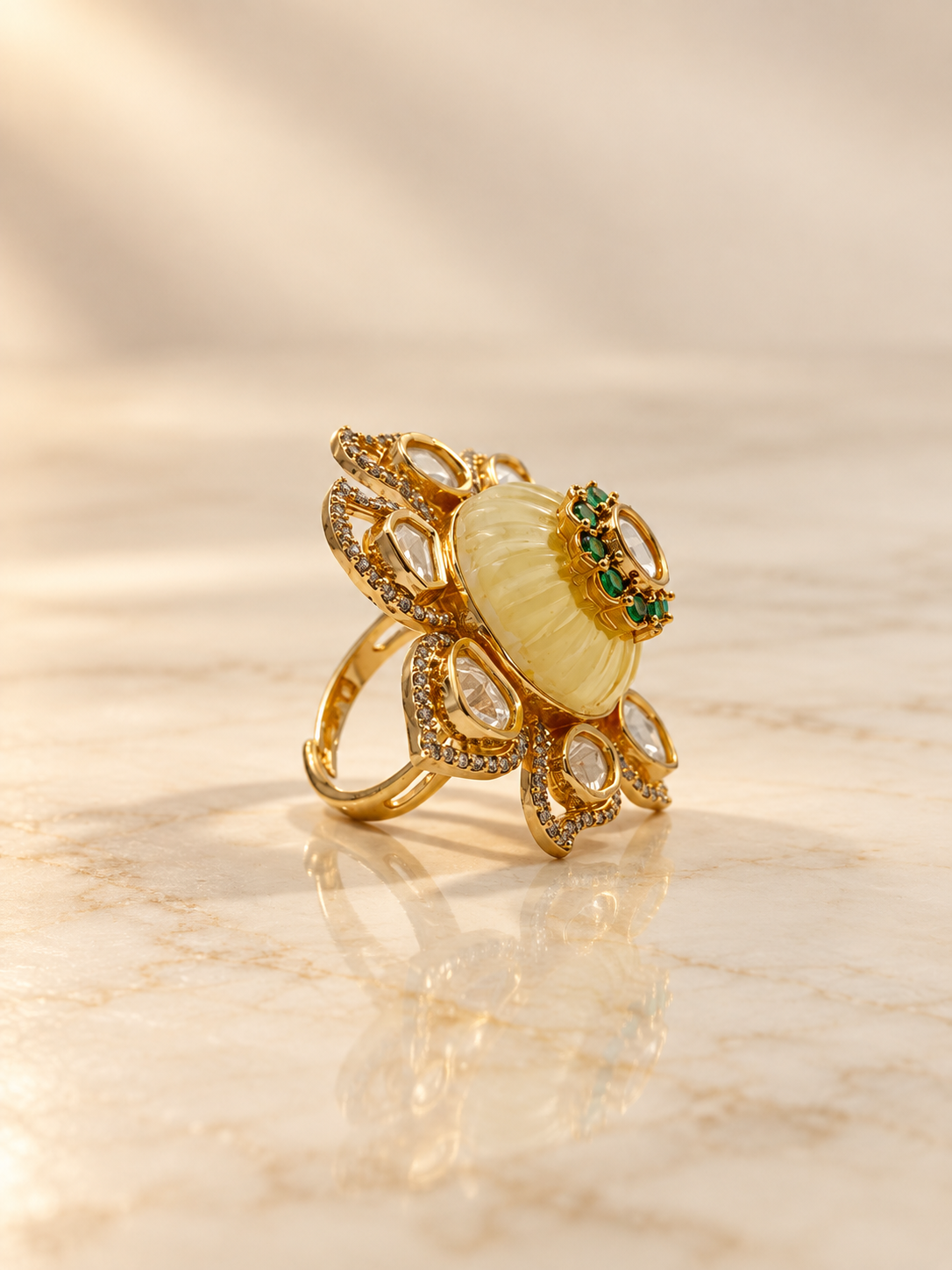 Bhavmayi Floral Green Stone Statement Ring with Clear Teardrop Accents