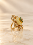 Bhavmayi Floral Green Stone Statement Ring with Clear Teardrop Accents