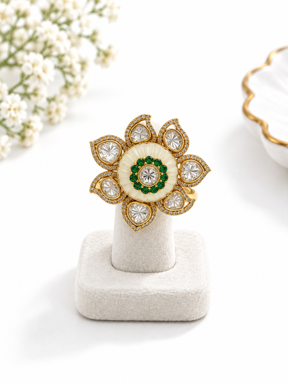 Bhavmayi Floral Green Stone Statement Ring with Clear Teardrop Accents