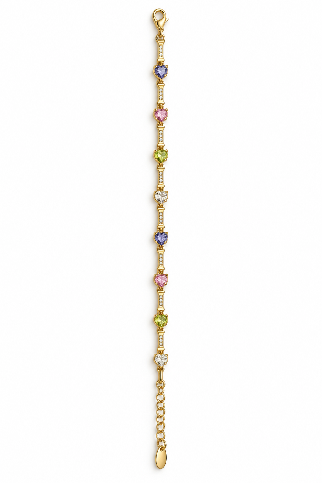 Gold-tone chain bracelet featuring geometric golden links and multicoloured blue, purple, pink, green and clear decorative accents, shown separately and worn on a wrist.