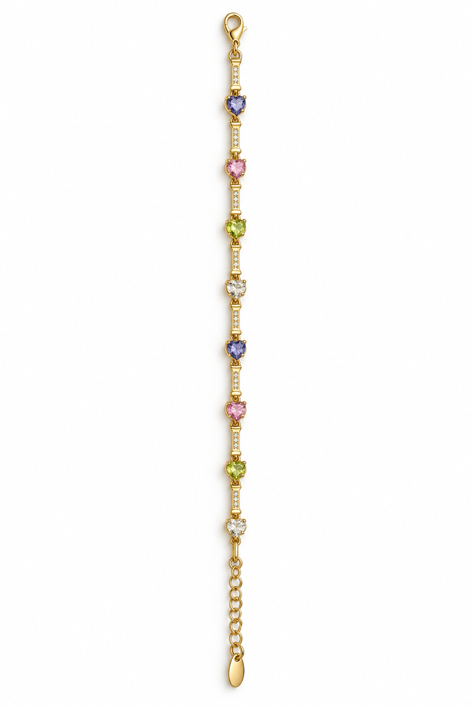 Gold-tone chain bracelet featuring geometric golden links and multicoloured blue, purple, pink, green and clear decorative accents, shown separately and worn on a wrist.