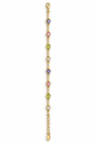 Gold-tone chain bracelet featuring geometric golden links and multicoloured blue, purple, pink, green and clear decorative accents, shown separately and worn on a wrist.