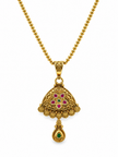 Gold-tone floral temple necklace set displayed on white jewellery stands, featuring a triangular ornamental pendant with green and magenta-pink accents, a beaded chain, and matching earrings with green teardrop-shaped drops.