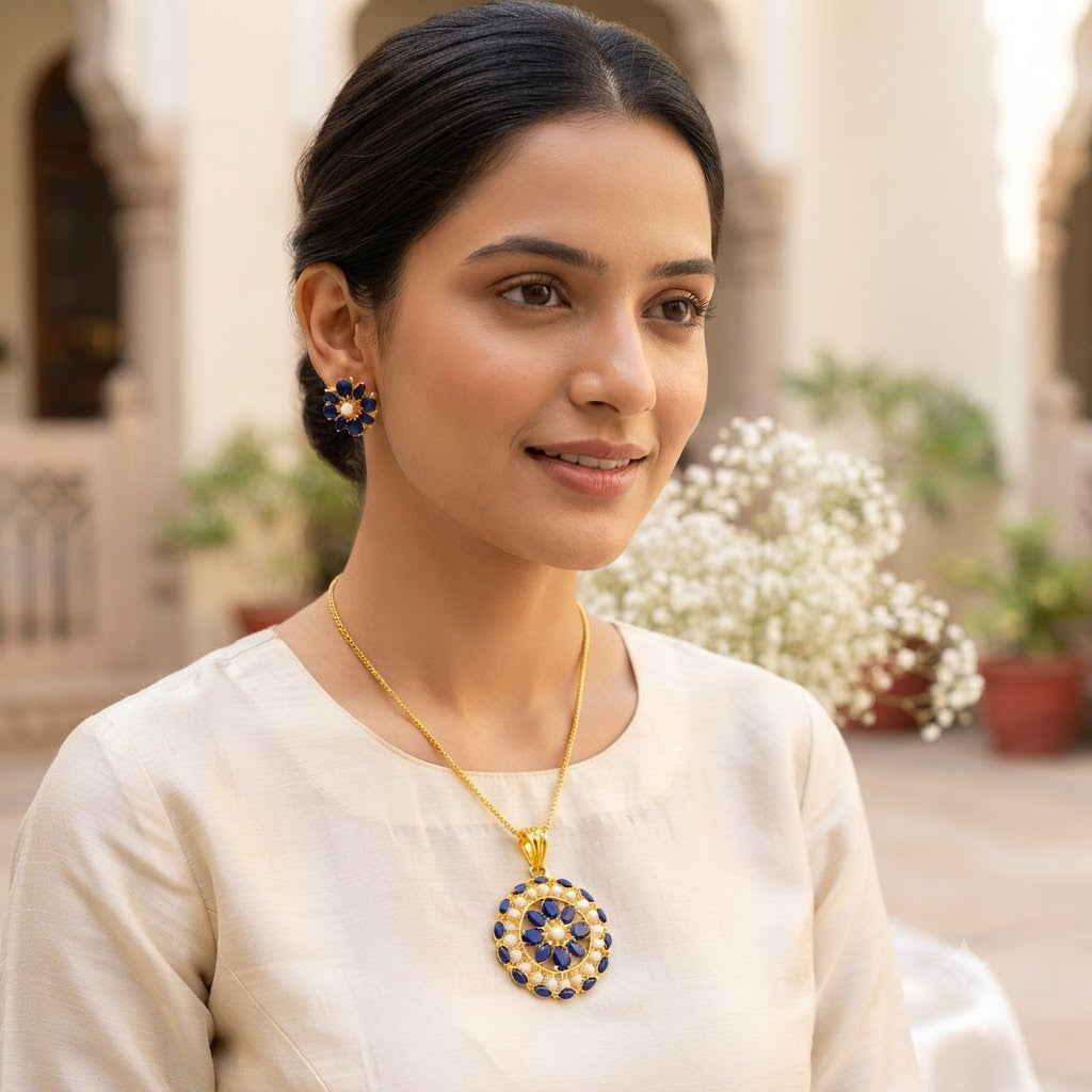 Bhavmayi Gold-Plated Blue Floral Pendant & Stud Earrings Set