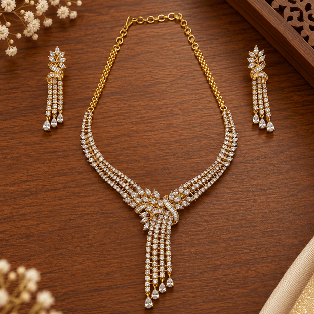 Elegant Gold-Tone Crystal Necklace & Earrings Set for Women - bhavmayi